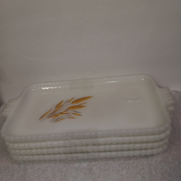 4 Vtg Oblong Fire king Golden Harvest Wheat Milk Glass Salad, Bread, Desert Tray - Picture 2 of 5